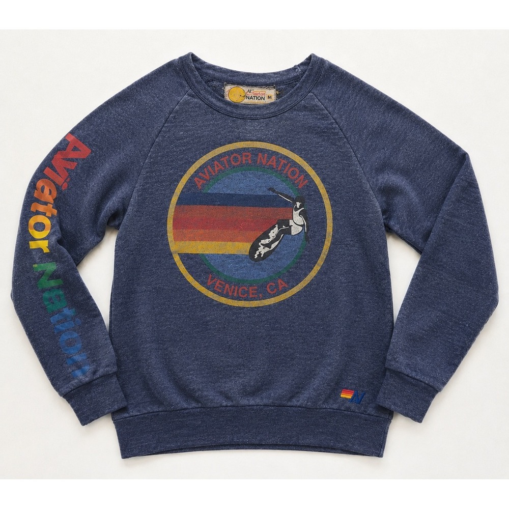 Aviator Nation Venice CA Rainbow Surfer‎ Crewneck Sweatshirt Blue Mens Medium